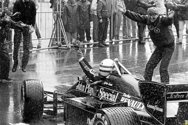 1985 Portugal Estoril Lotus-Renault 97T - Senna's maiden grand prix victory came in only his second start for Lotus, as he dominated at a very wet Estoril, to the delight of team manager Peter Warr.jpg
